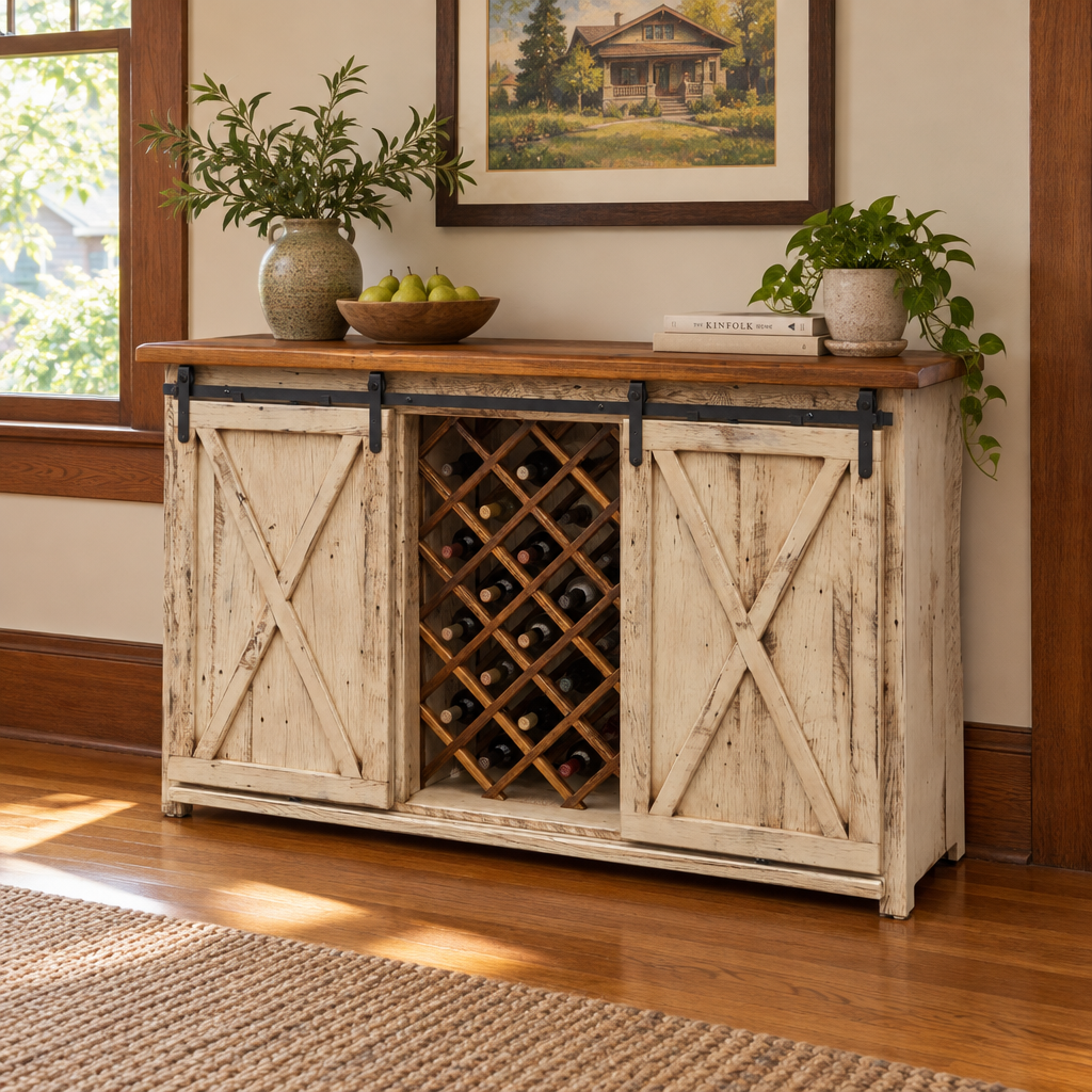 Amish Reclaimed Wood Sliding Barn Door Wine Dining Buffet shown in the dining room of a craftsman bungalow home