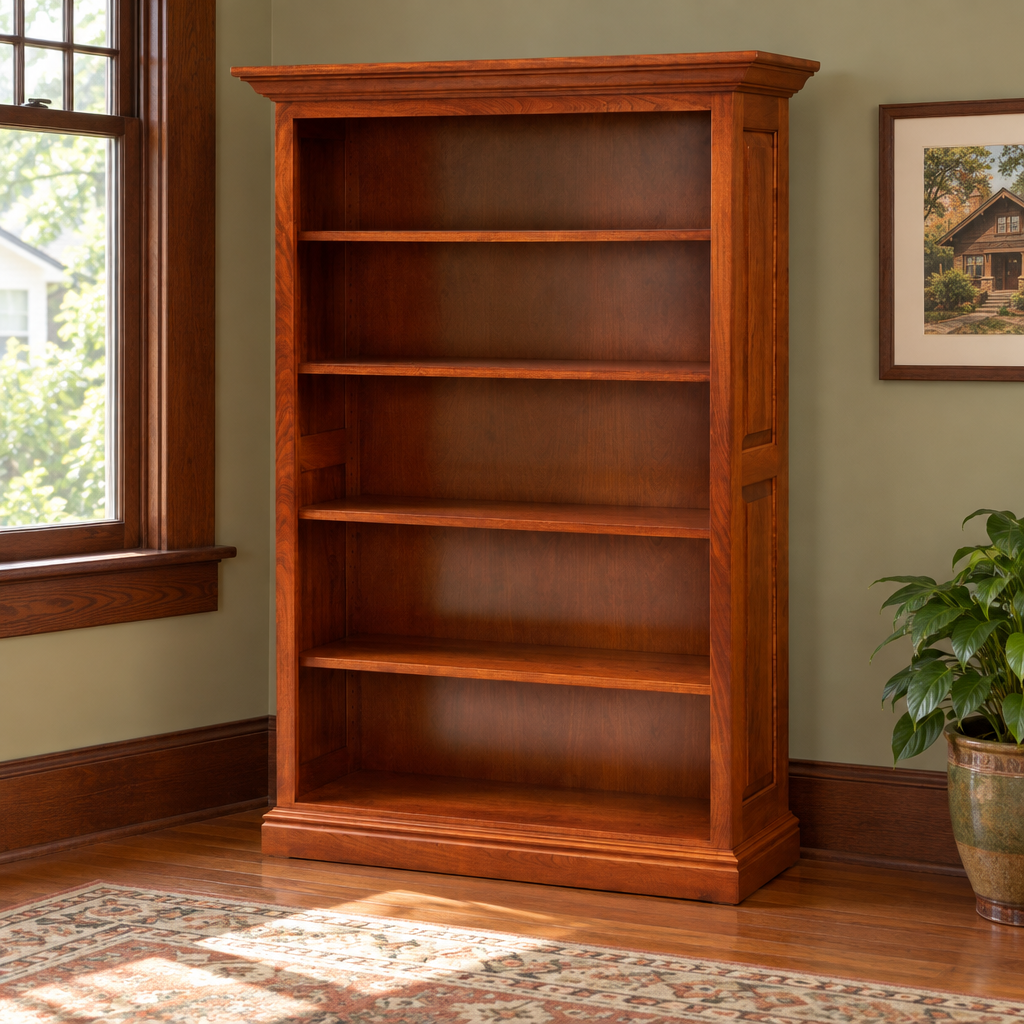 Amish Office Pro 5' Wood Bookcase with Adjustable Shelves shown in the home office of a craftsman bungalow home