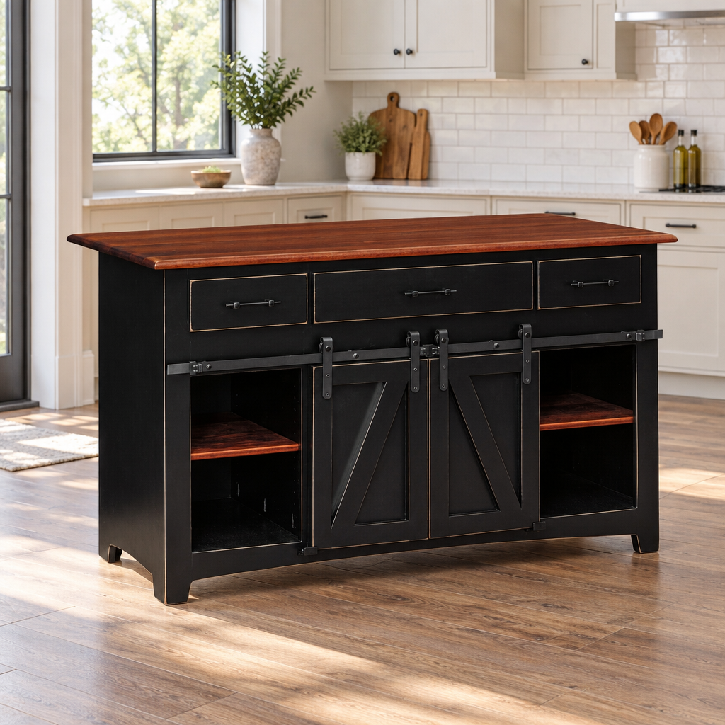 Amish Barn Door Kitchen Island shown in the kitchen of a transitional home