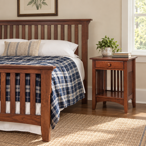 Amish Morris Plains Mission Open Nightstand shown in the bedroom of a transitional home