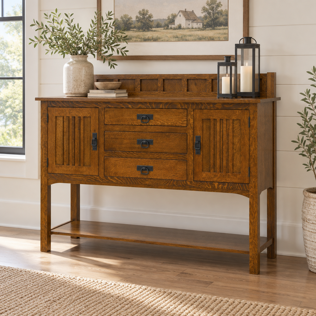 Amish Solid Wood Monrovia Sideboard shown in the dining room of a modern farmhouse home