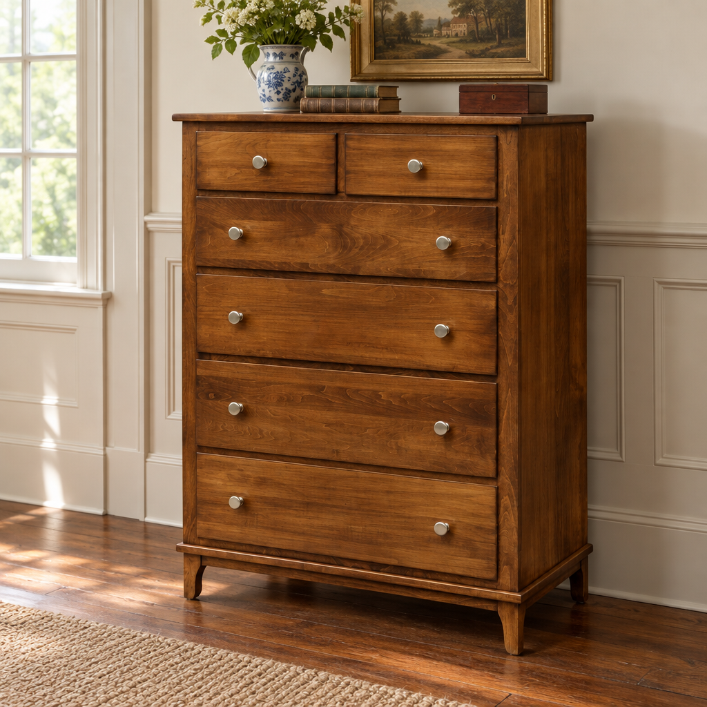 Amish Wynmoor Chest of Drawers shown in the bedroom of a traditional colonial home