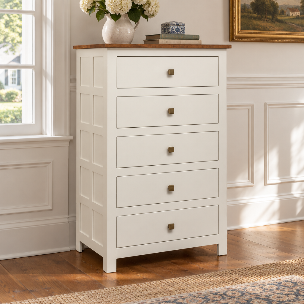 Amish Alto Solid Wood 36" 5 Drawer Chest of Drawers shown in the bedroom of a traditional colonial home