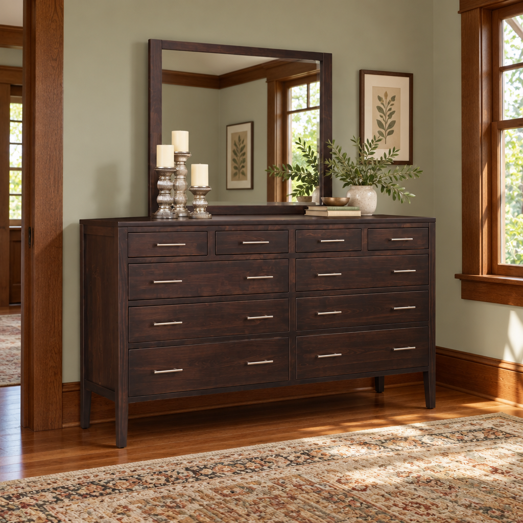 Amish Chelsea 10-Drawer Triple Dresser shown in the bedroom of a craftsman bungalow home
