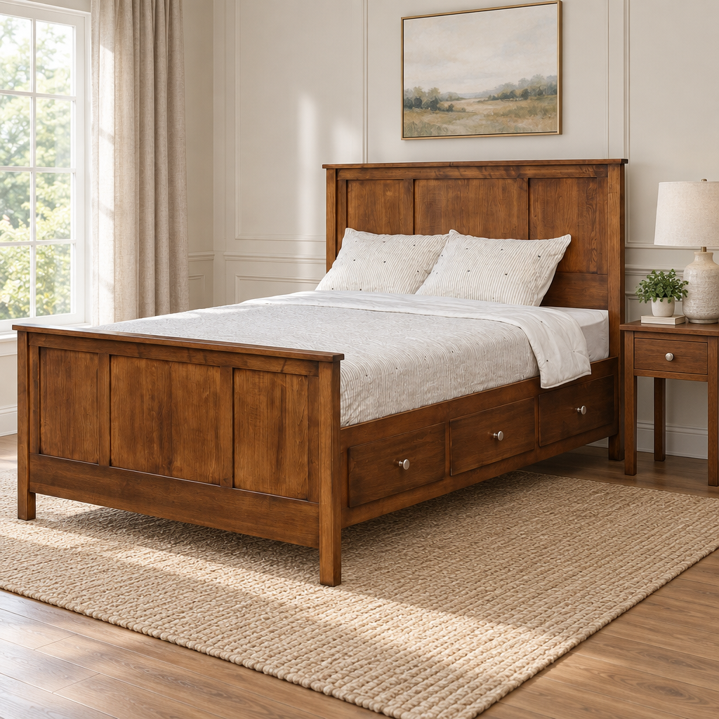 Amish Wynmoor Panel Captain Storage Bed with Drawers shown in the bedroom of a transitional home