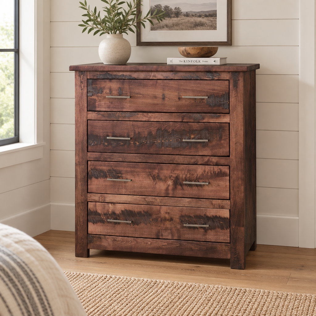 Amish Tioga Rustic 4 Drawer Chest of Drawers shown in the bedroom of a modern farmhouse home
