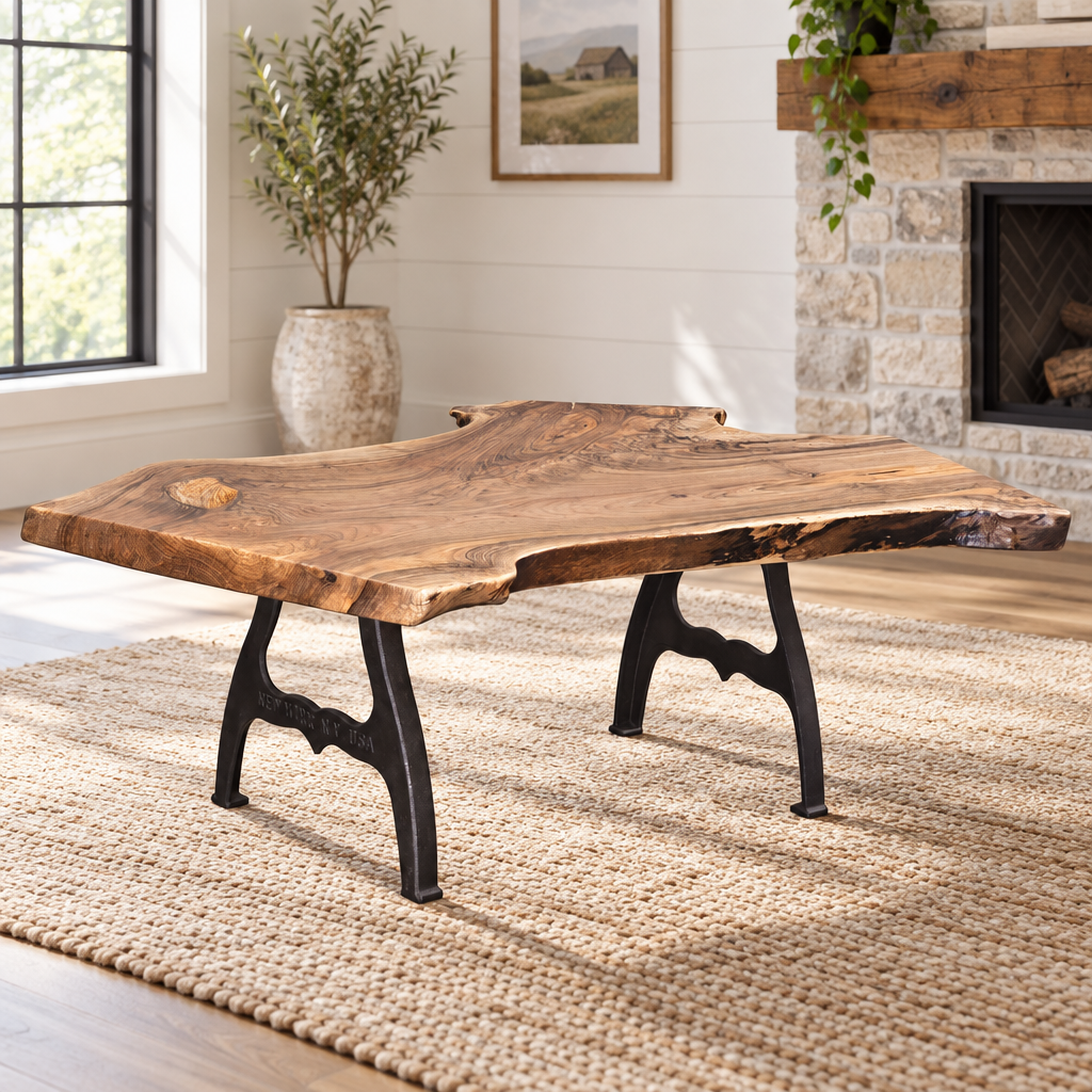 Amish Cast Iron Live Edge Rustic Coffee Table Base shown in the living room of a modern farmhouse home