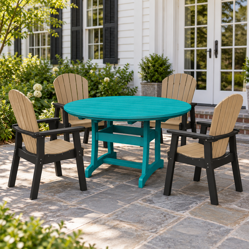 Amish Legacy 54" Round Outdoor Dining Table shown in the back patio of a traditional colonial home