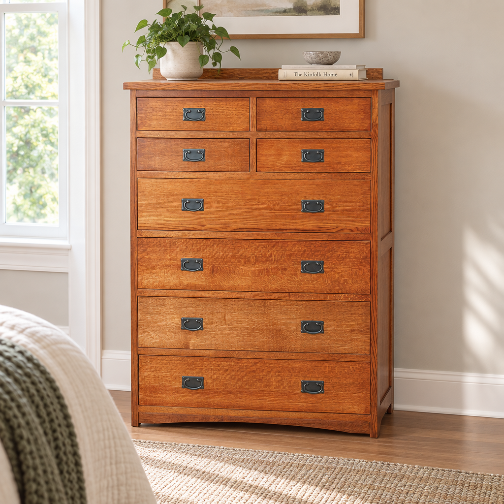 Amish Solid Wood Spanish Mission 8-Drawer Chest shown in the bedroom of a transitional home