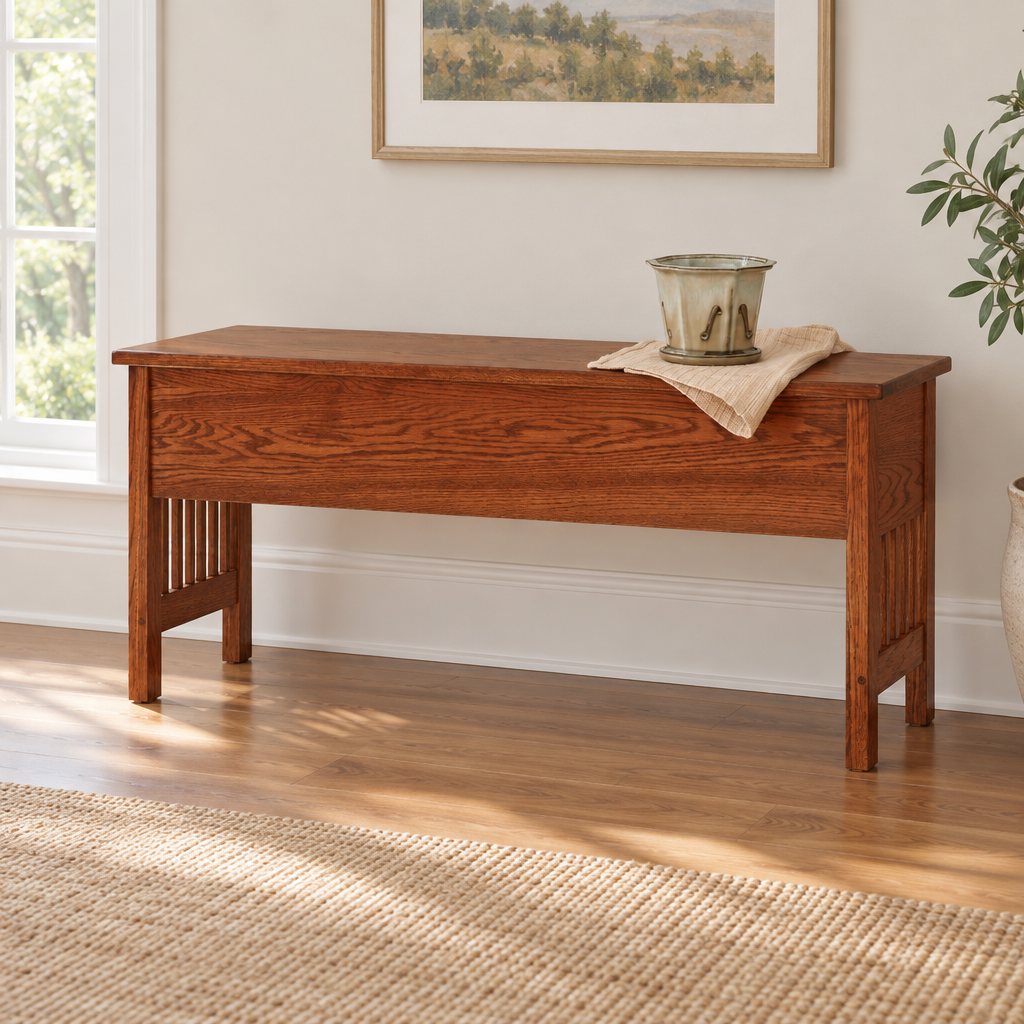 Amish Solid Wood Mission Storage Bench shown in the living room of a transitional home