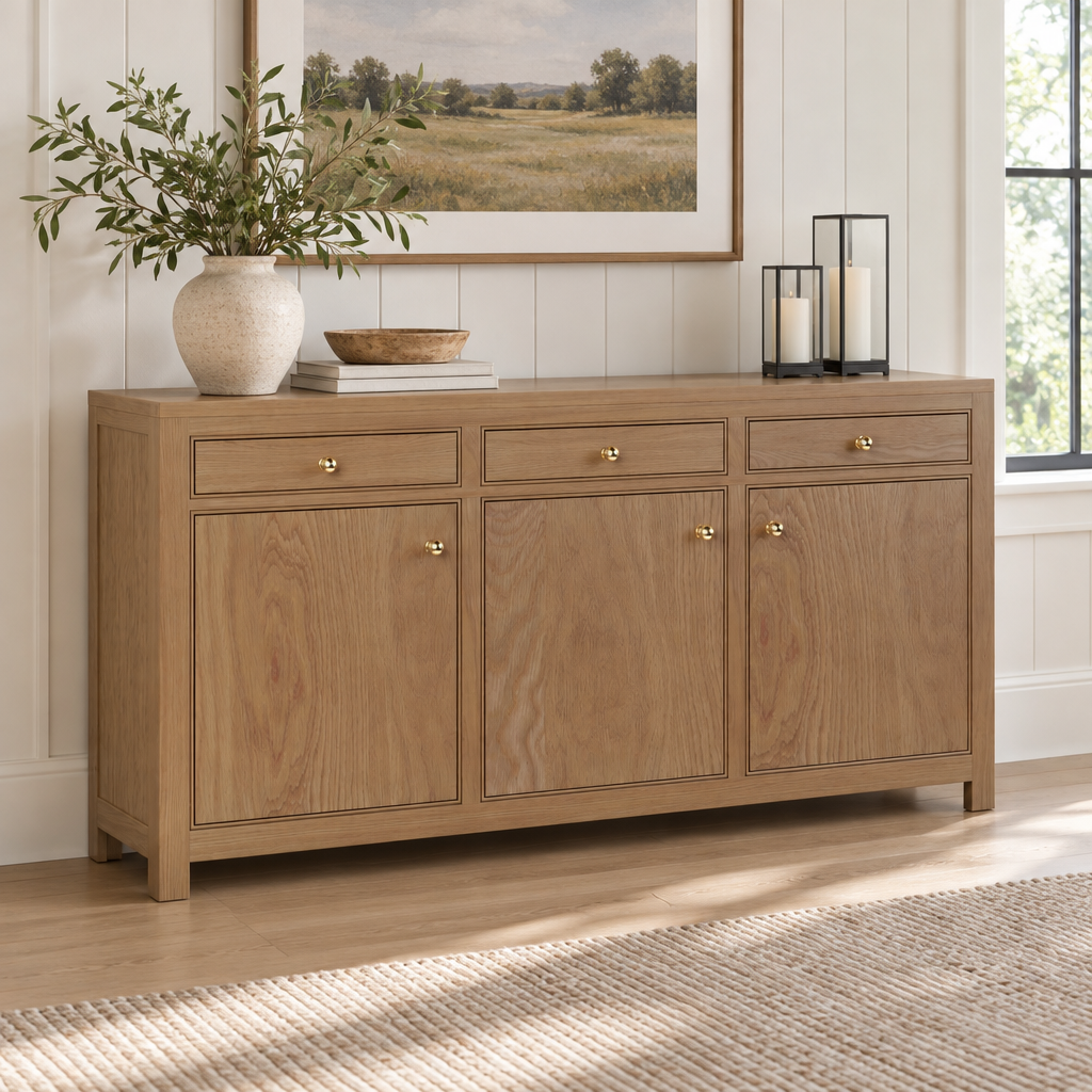 Amish Mid Century Modern Austin Dining Sideboard shown in the dining room of a modern farmhouse home