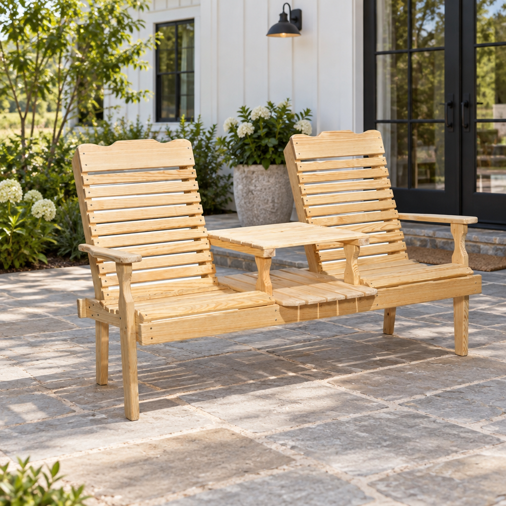 Amish Outdoor Wood Curveback Settee shown in the back patio of a modern farmhouse home