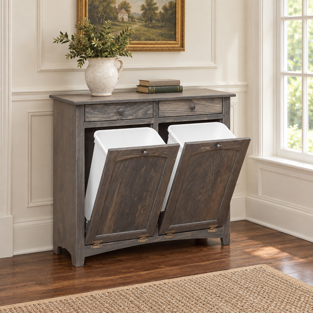 Amish Double Pullout Trash Can Recycling Cabinet shown in the living room of a traditional colonial home