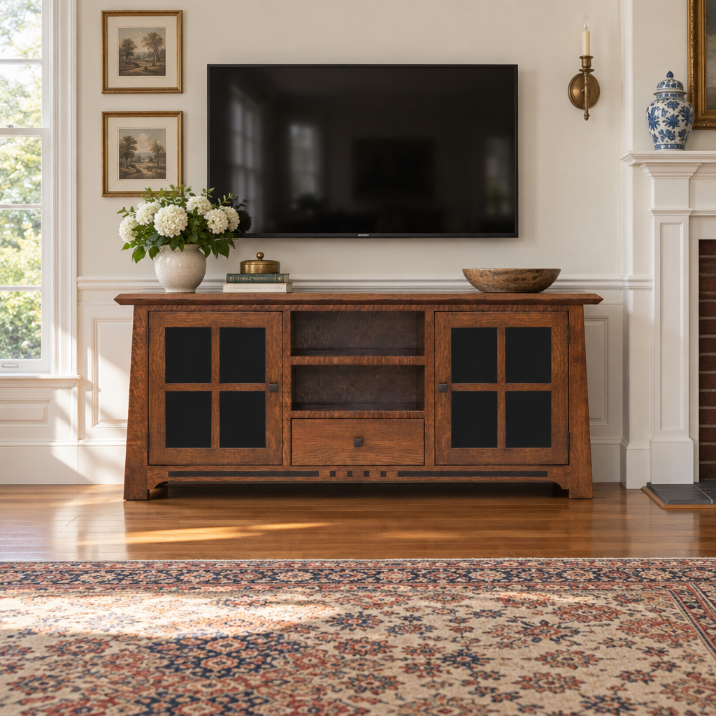 Amish Solid Wood Van Nuys 1-Drawer TV Console shown in the living room of a traditional colonial home
