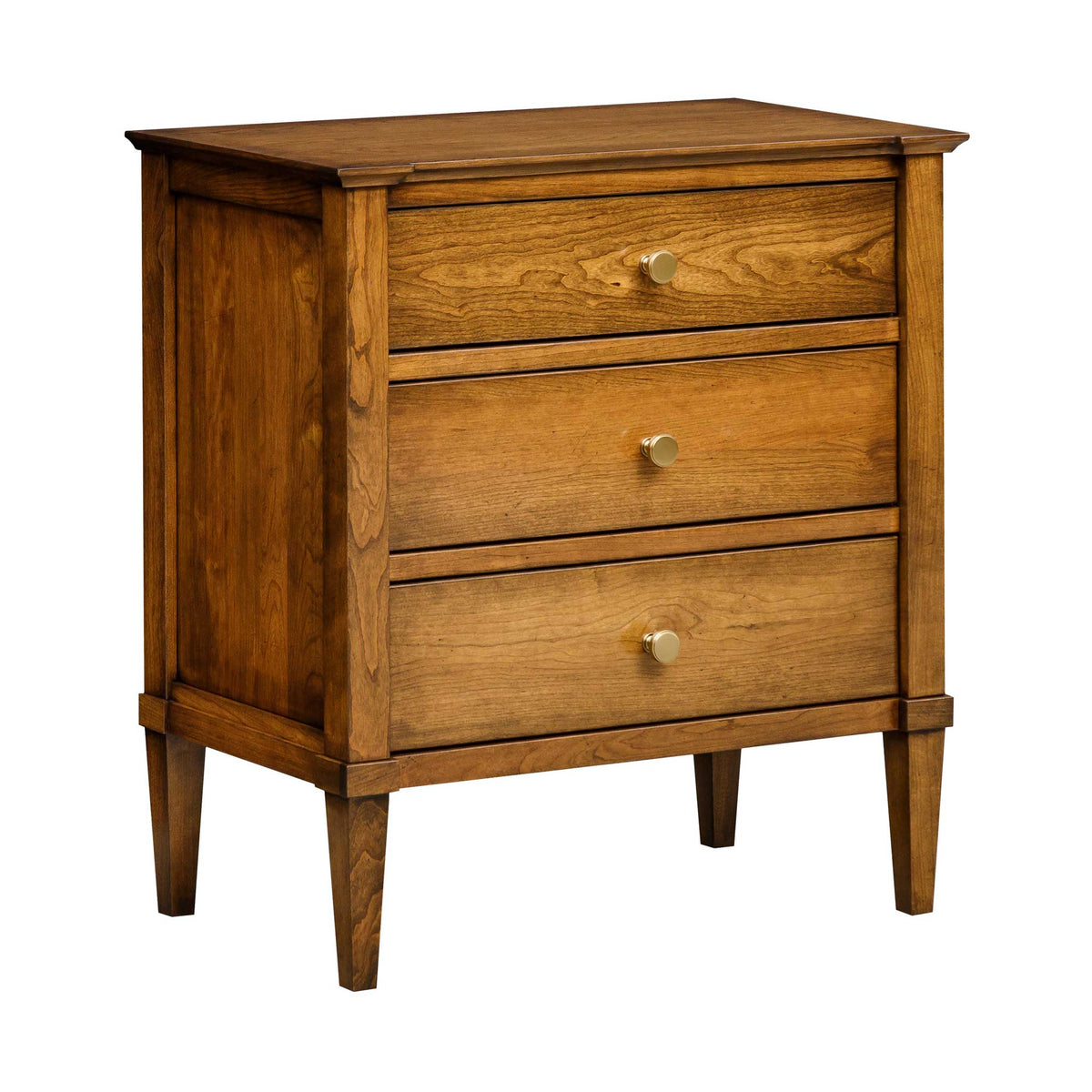 Wooden dresser with three drawers on a white background