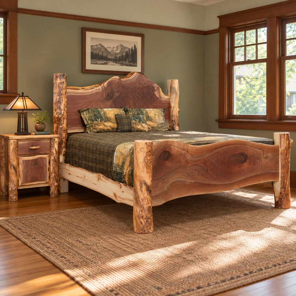 Amish Sawtooth Aspen & Walnut Log Bed shown in the bedroom of a craftsman bungalow home