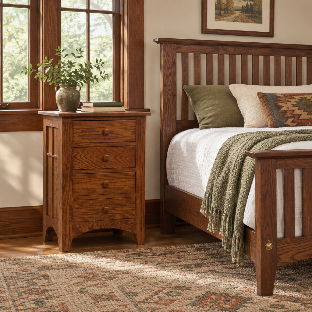 Amish Morris Plains Mission 4-Drawer Bedside Chest shown in the bedroom of a craftsman bungalow home