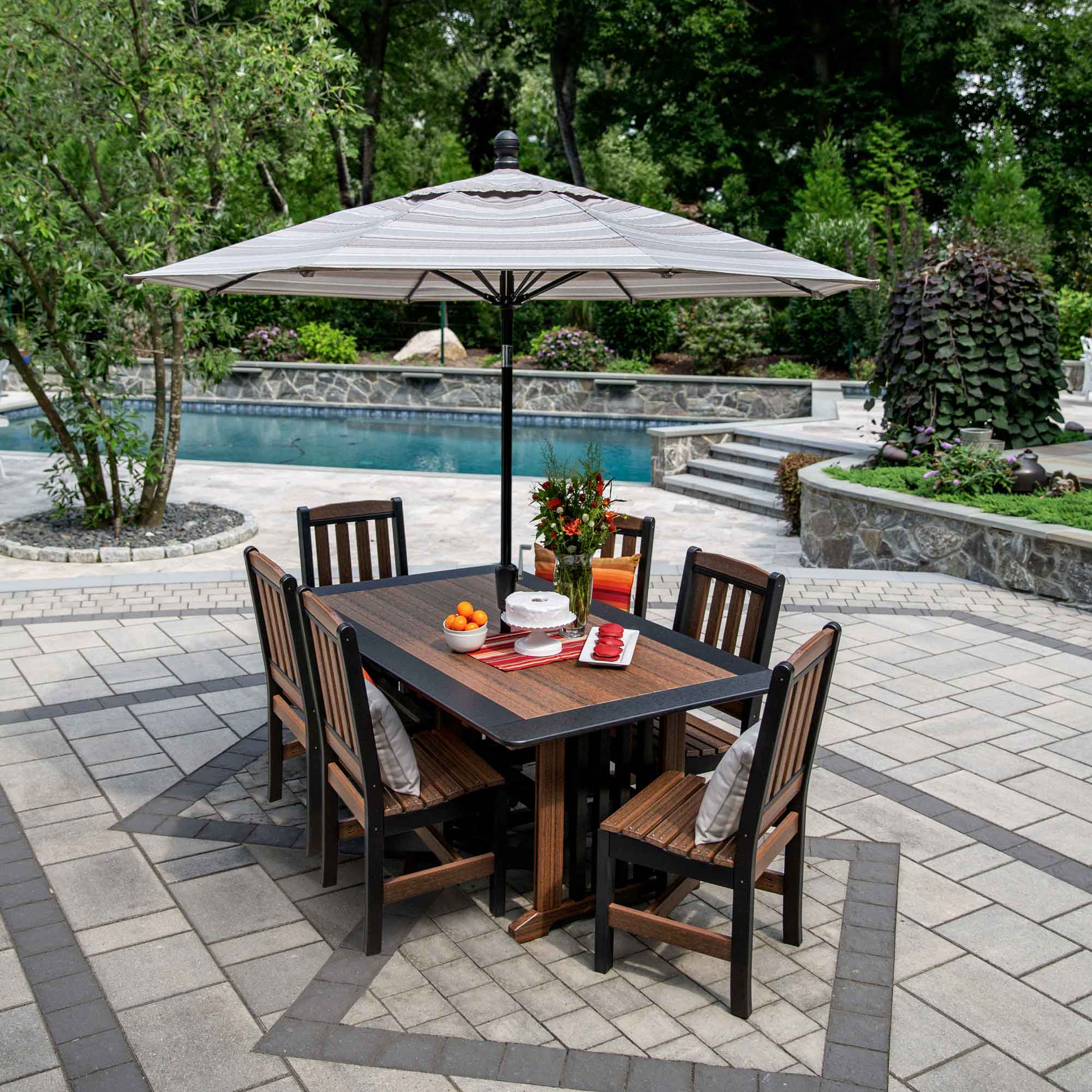english gardens patio umbrellas Amish Poly 72" English Garden Patio Dining Table & 6 Side Chair Set