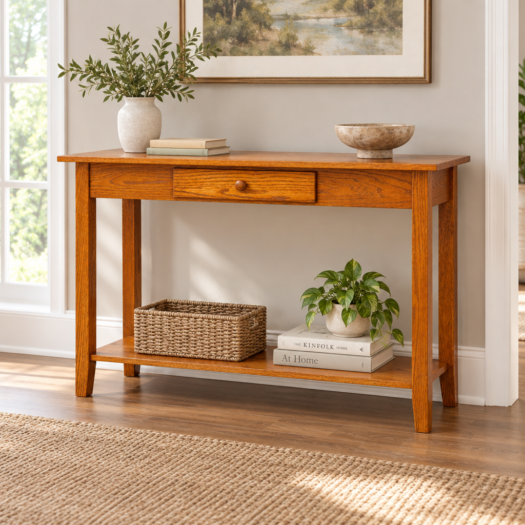 Amish Shaker Sofa Table with Drawer & Shelf shown in the living room of a transitional home