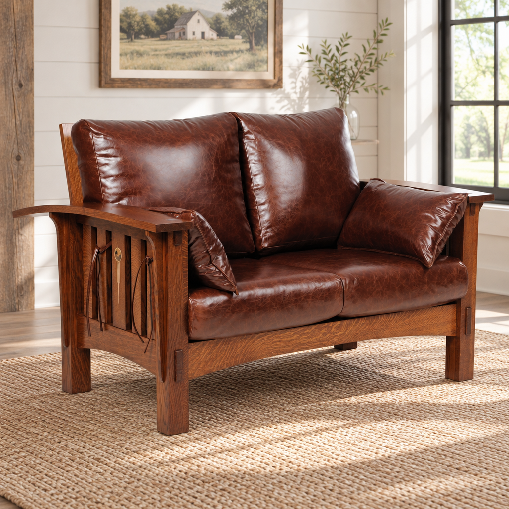 Amish Solid Wood Artesano Loveseat shown in the living room of a modern farmhouse home