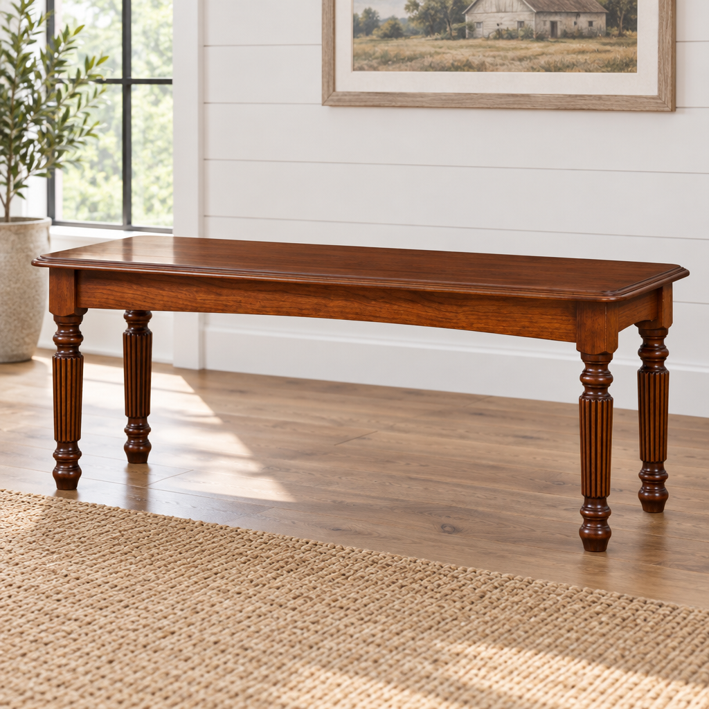 Amish Milano 46" Reeded Leg Bench without back shown in the living room of a modern farmhouse home