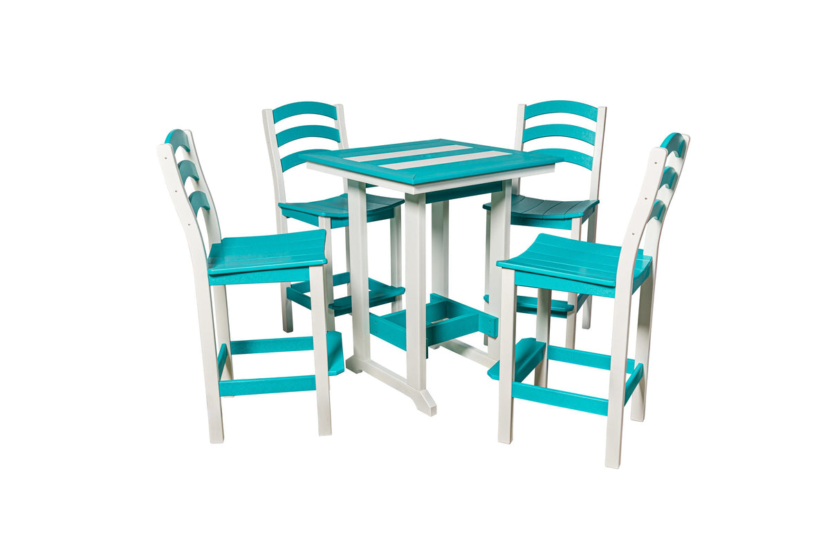 32 inch square Long Beach bar table with four Long Beach bar chairs, white and aruba blue (chairs sold separately)
