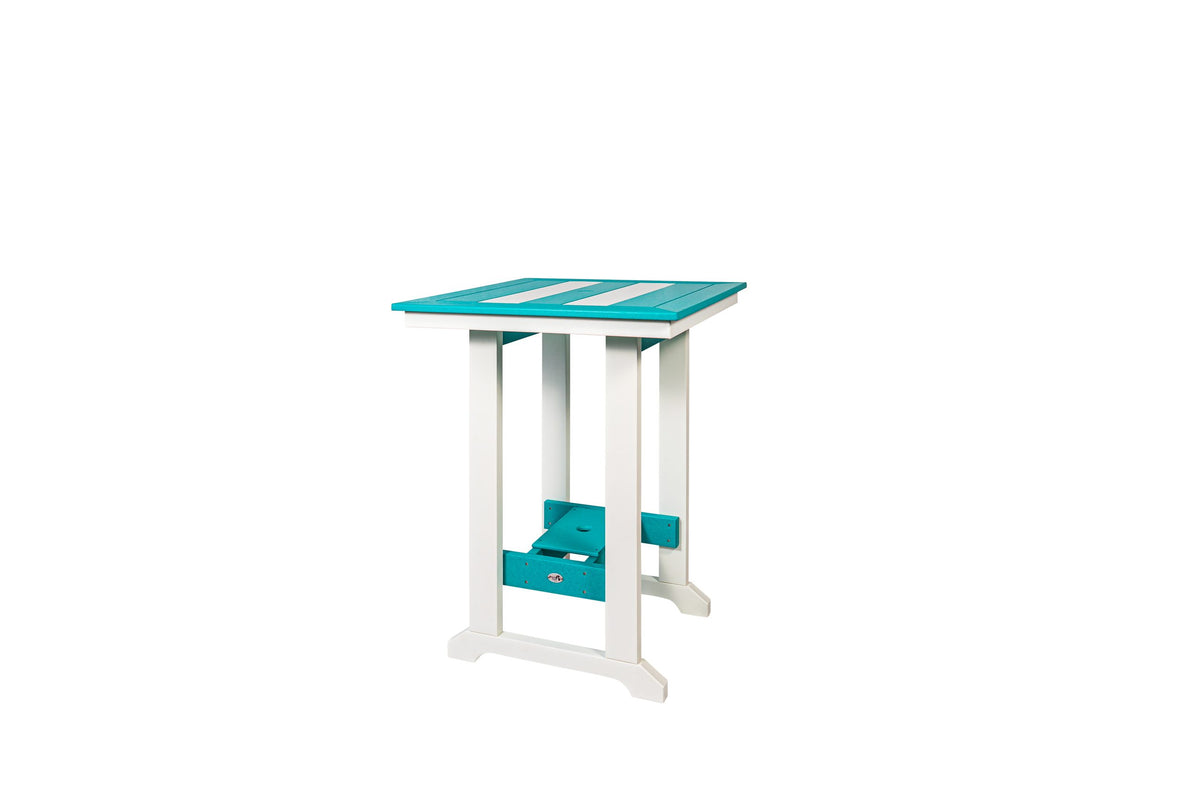 32 inch square Long Beach poly bar table, white and aruba blue, side view
