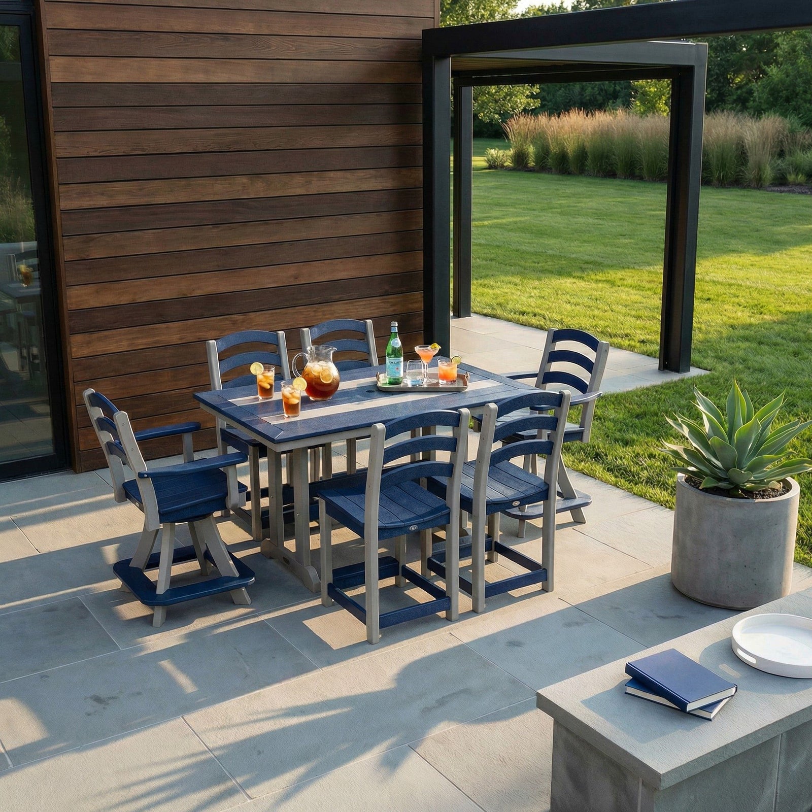 32 x 48 inch Long Beach poly counter table with Long Beach counter chairs, light gray and patriot blue (chairs sold separately)
