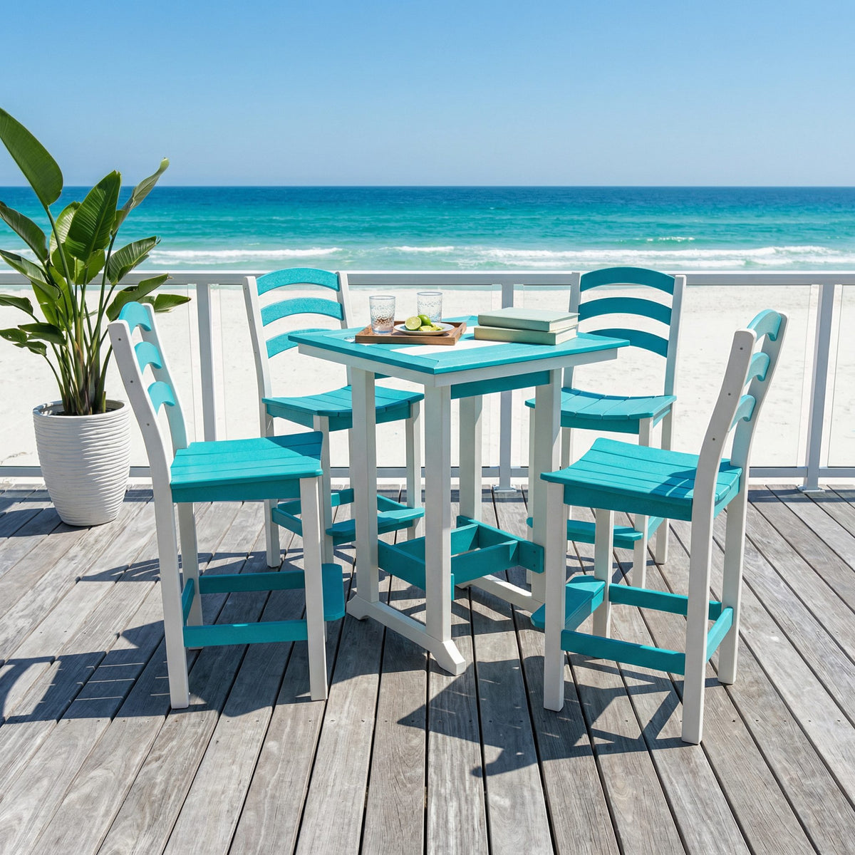 36 inch square Long Beach poly bar table with bar chairs on a beach deck, white and aruba blue (chairs sold separately)