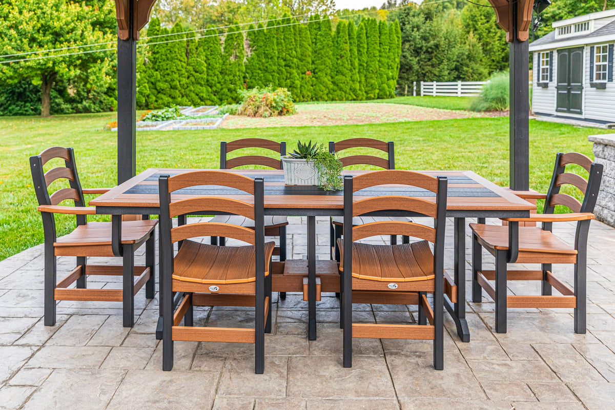 43 x 84 inch Long Beach poly dining table with ladder back chairs, mahogany and black, under a pergola (chairs sold separately)