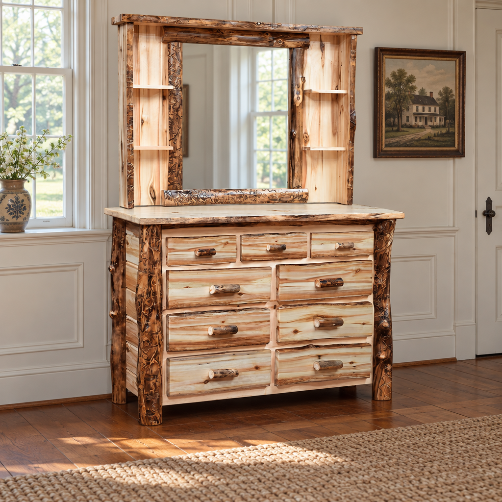 Amish Homestead Log 3 over 6 Drawer Dresser shown in the bedroom of a traditional colonial home