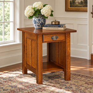 Amish Paneled Mission End Table shown in the living room of a traditional colonial home