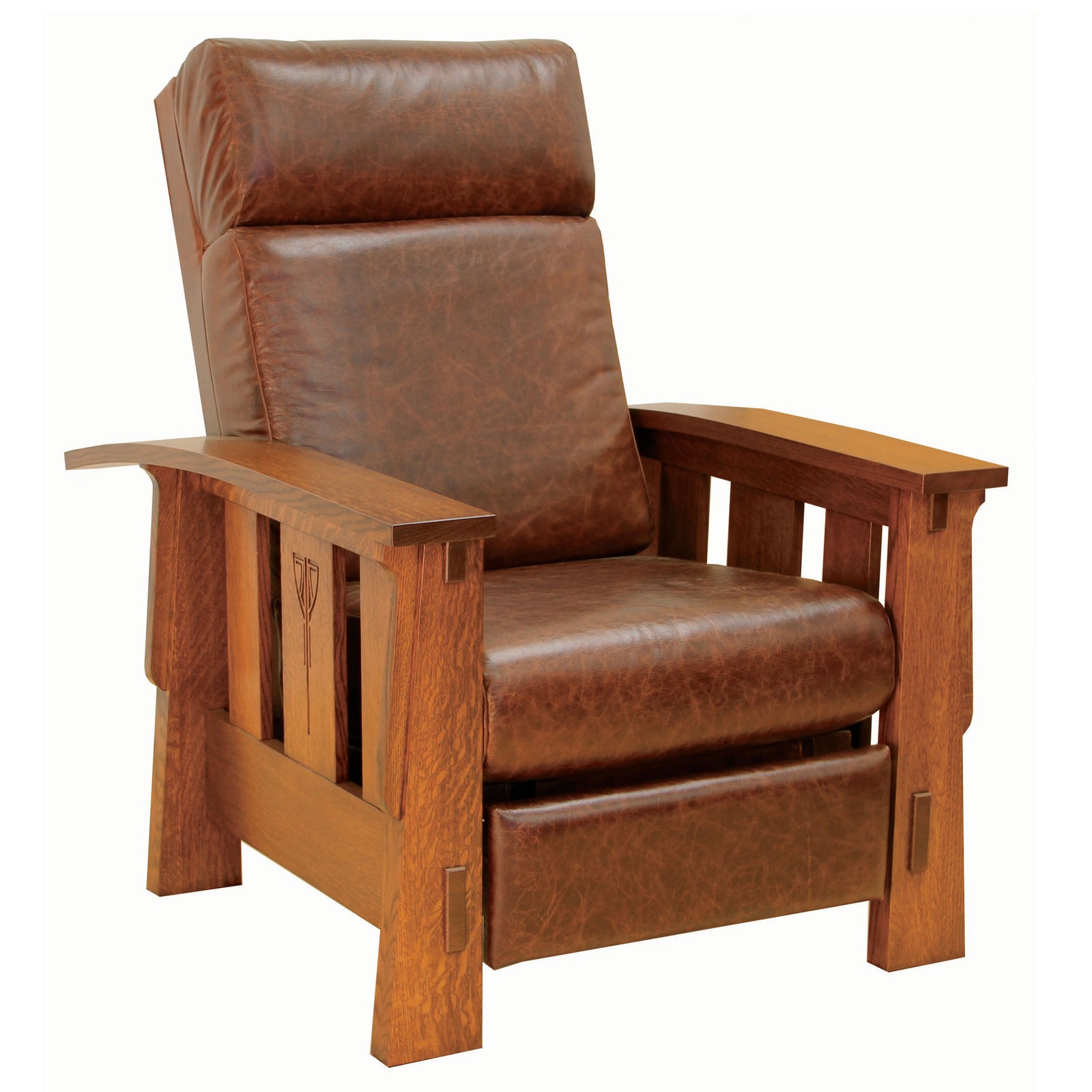 A brown leather upholstered Amish solid wood Alamosa Morris recliner chair with a mission style design, showing the front view with the chair in a reclined position.