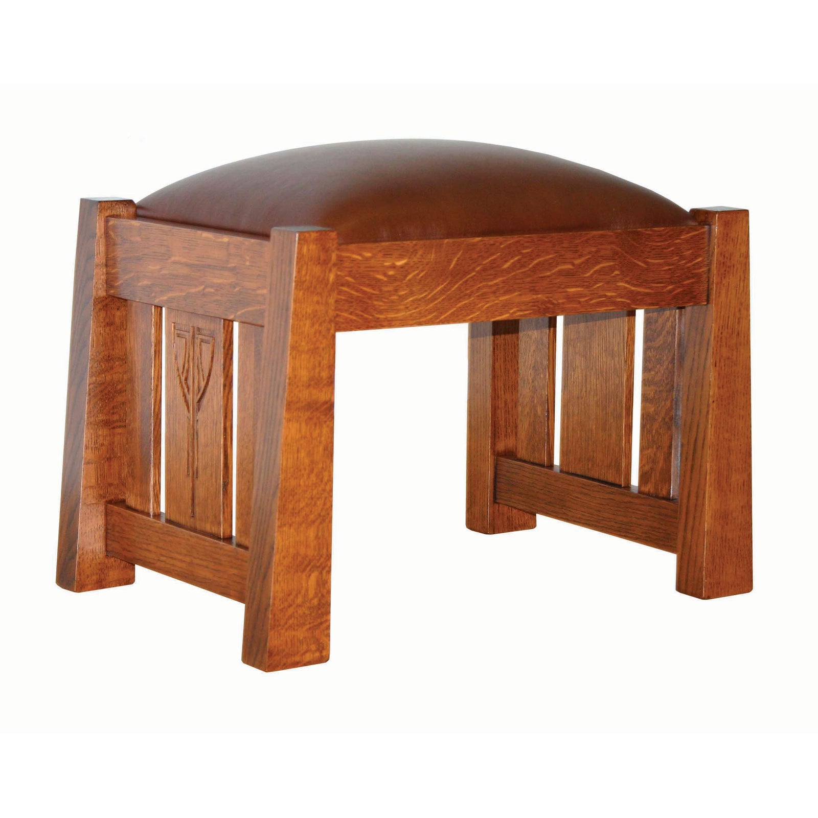 The image features a brown, solid wood Alamosa ottoman with a fabric seat, placed in a living room setting.