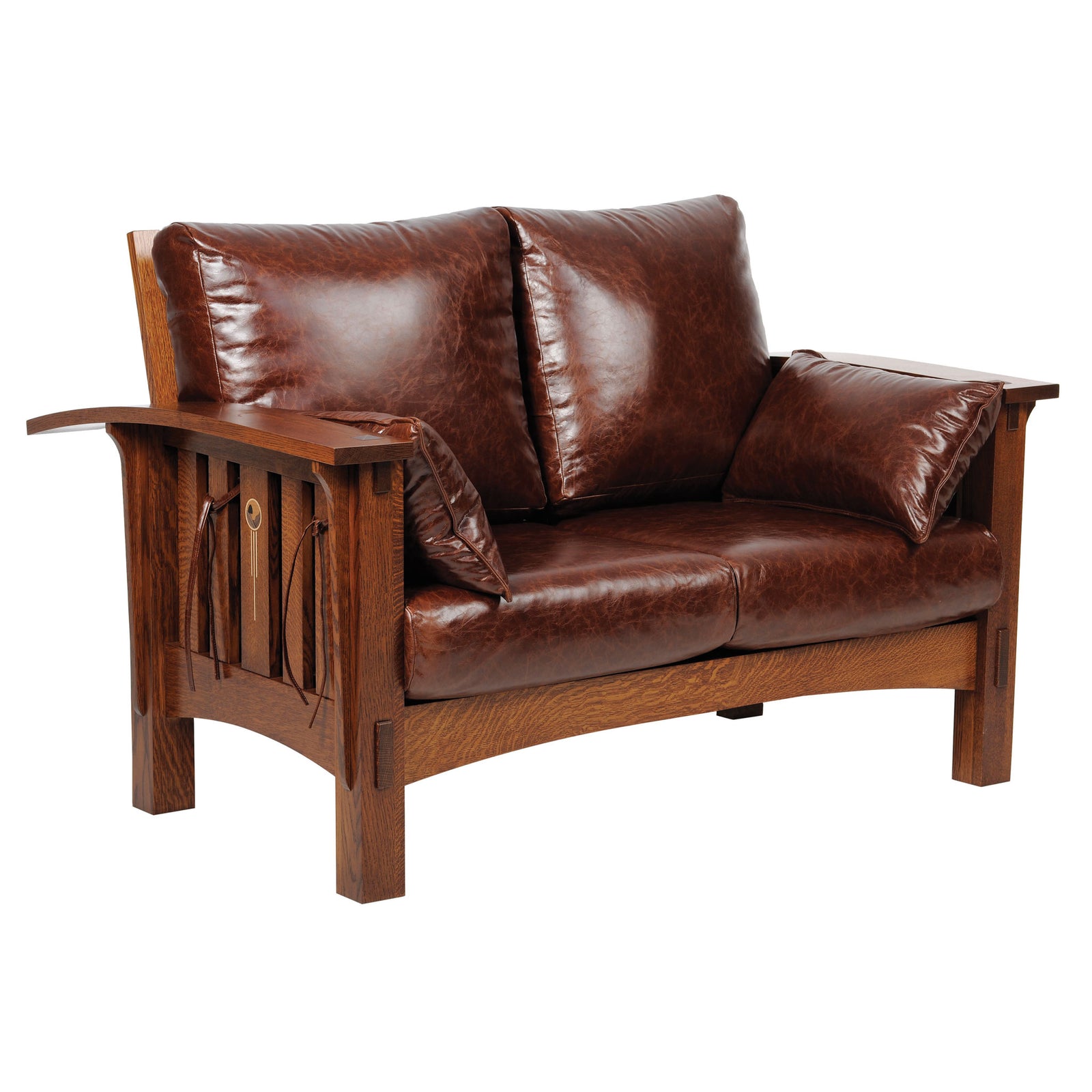 Brown leather sofa with wooden frame on a white background