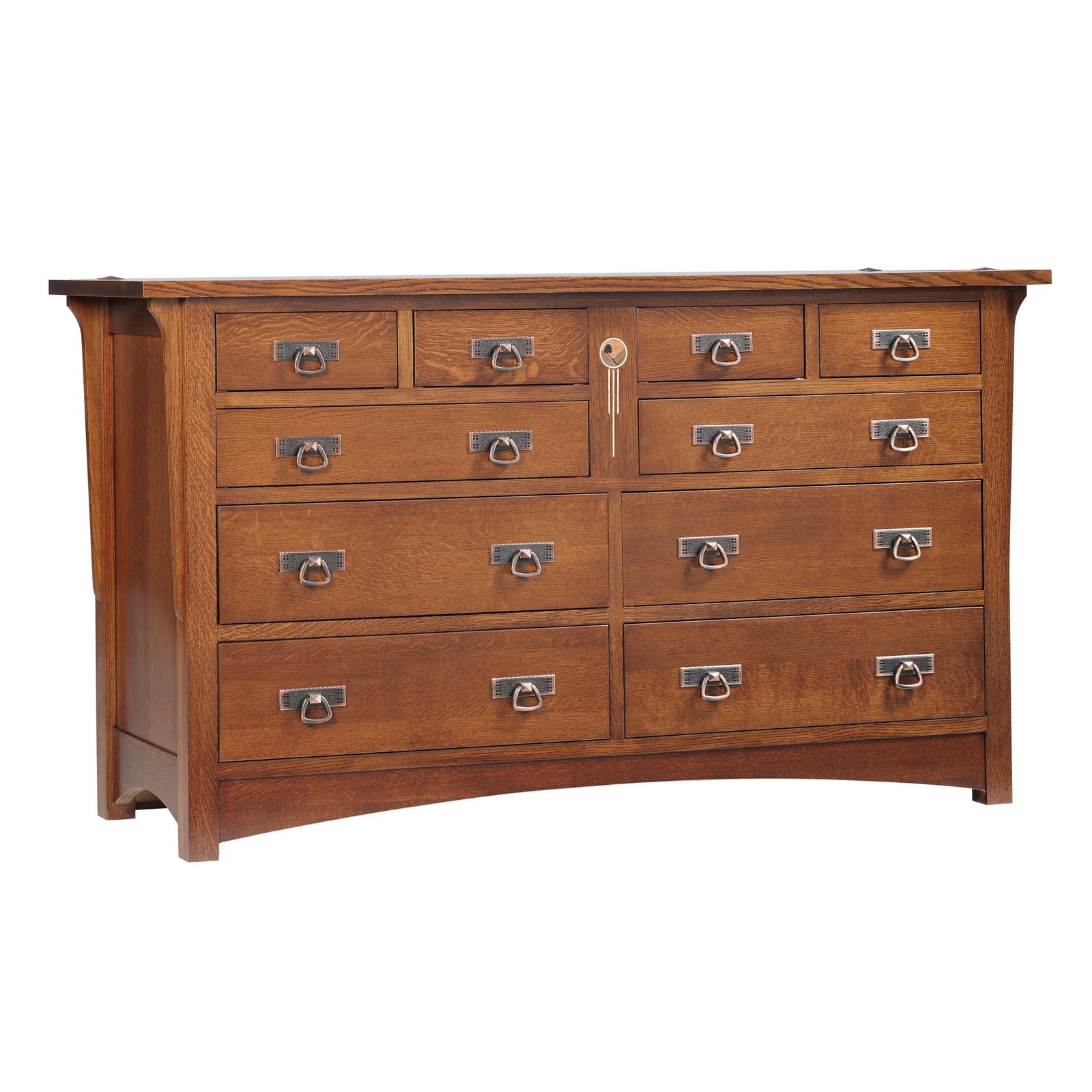 Wooden dresser with multiple drawers on a white background