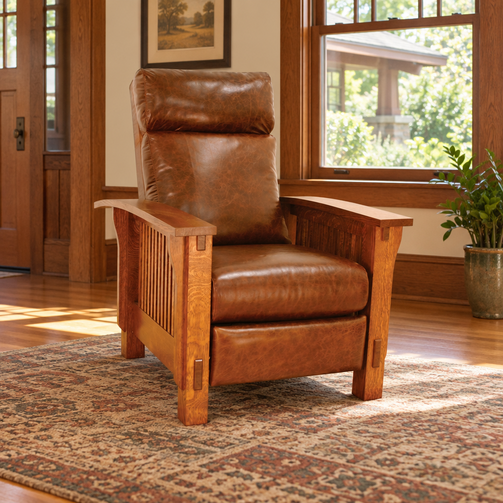 Amish Solid Wood Spanish Mission Morris Recliner shown in the living room of a craftsman bungalow home