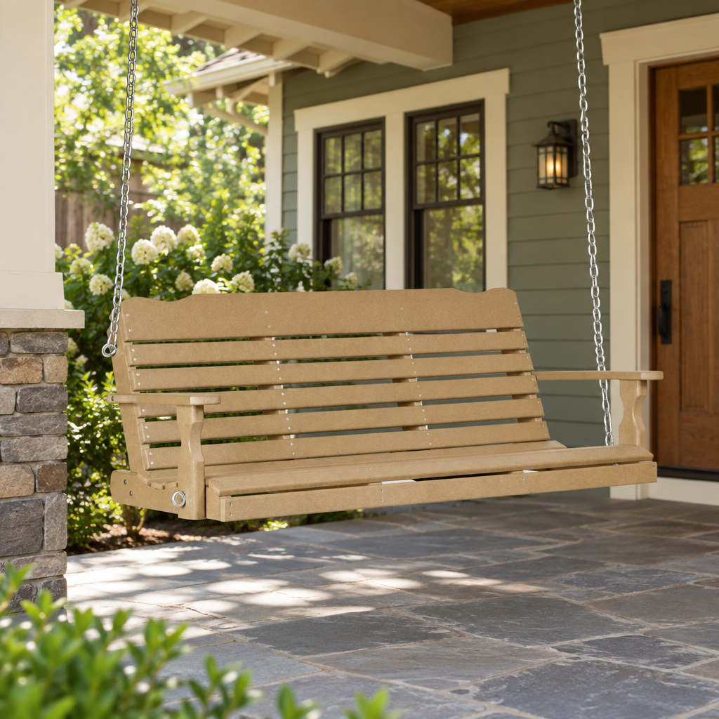 Amish Poly Patio West Chester 5' Porch Swing shown in the back patio of a craftsman bungalow home