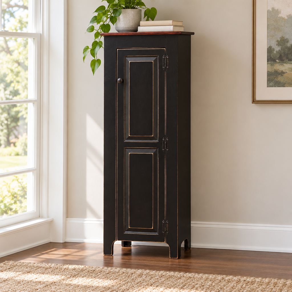 Amish 1 Door Jelly Cupboard shown in the living room of a transitional home