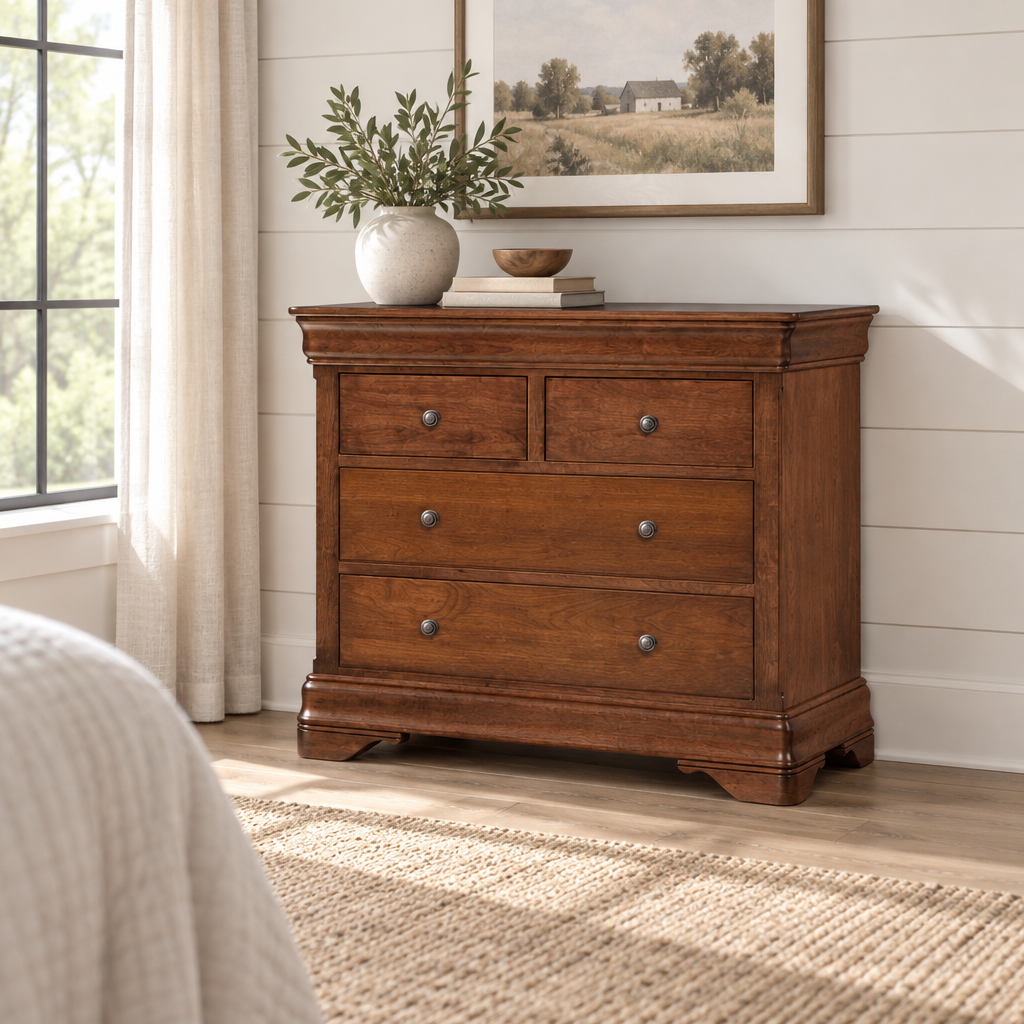Amish Marseilles 4-Drawer Single Dresser shown in the bedroom of a modern farmhouse home