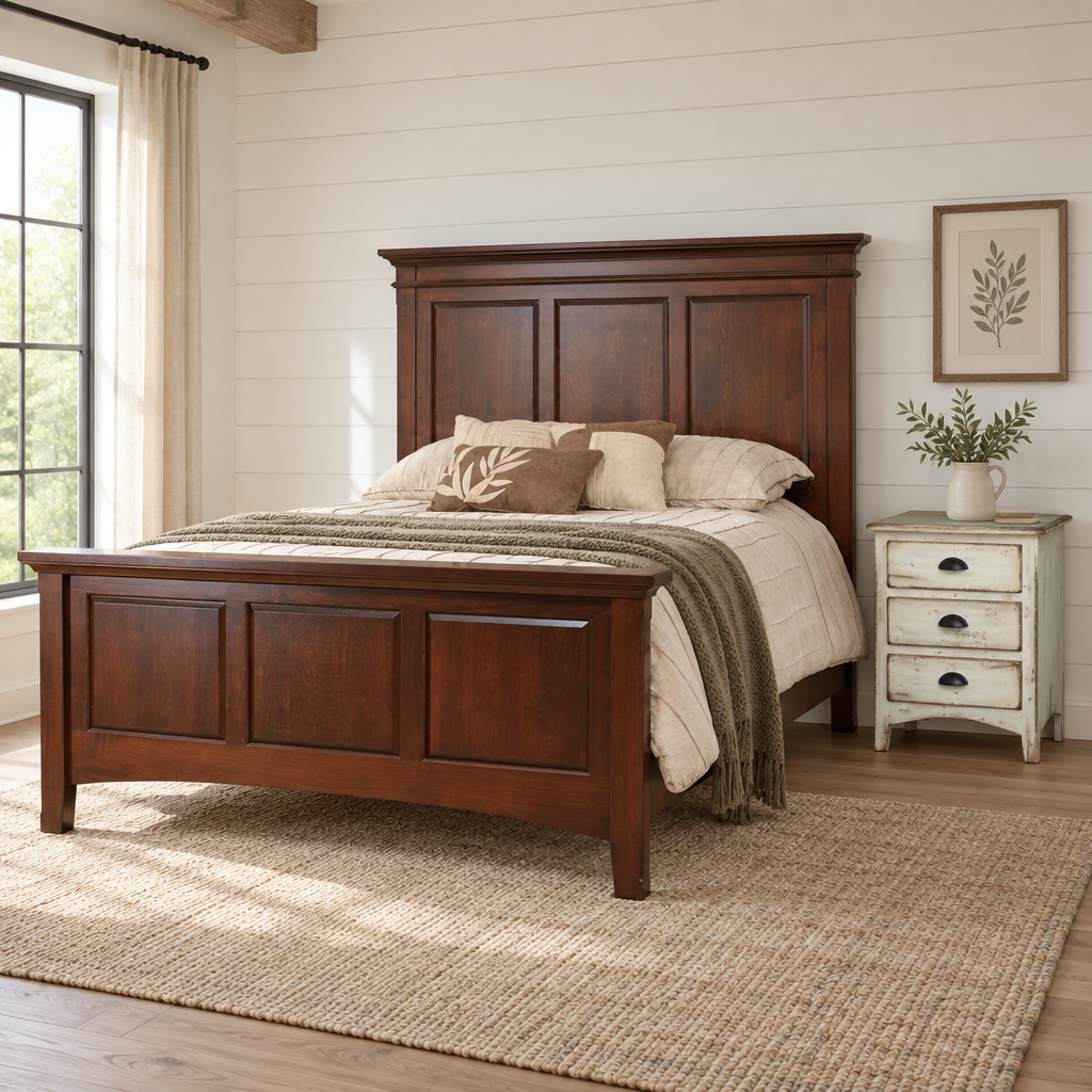 Amish Brookfield Panel Bed shown in the bedroom of a modern farmhouse home