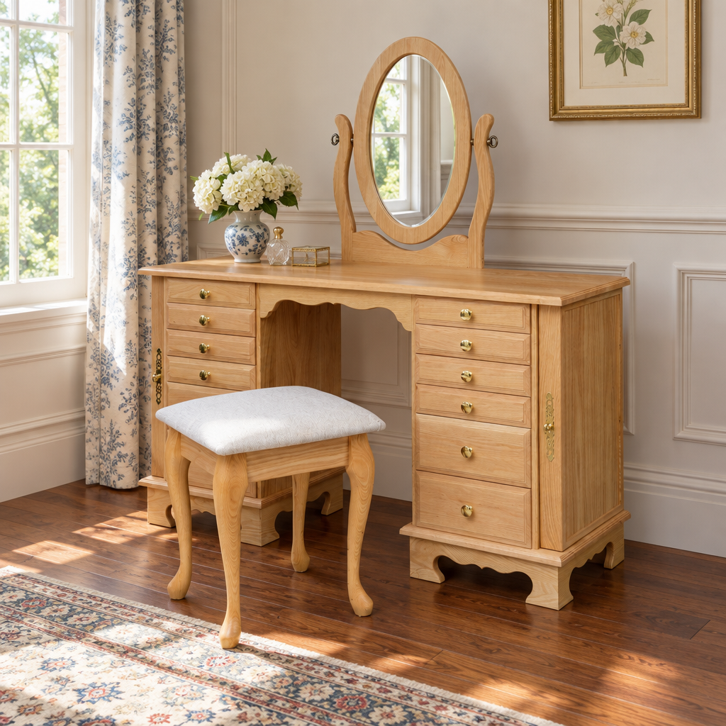 Amish Traditional Solid Wood Dressing Table with Stool shown in the bedroom of a traditional colonial home