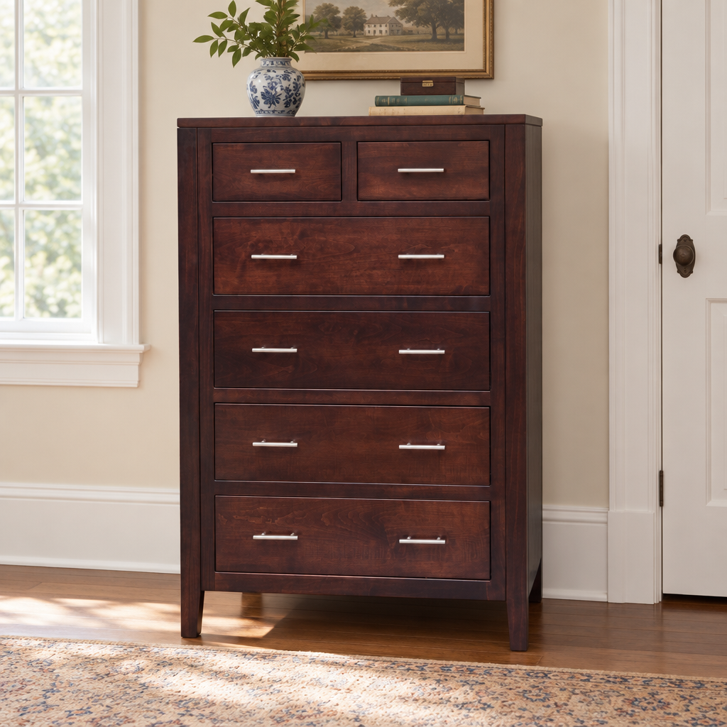 Amish Tuscany Modern Chest of Drawers shown in the bedroom of a traditional colonial home