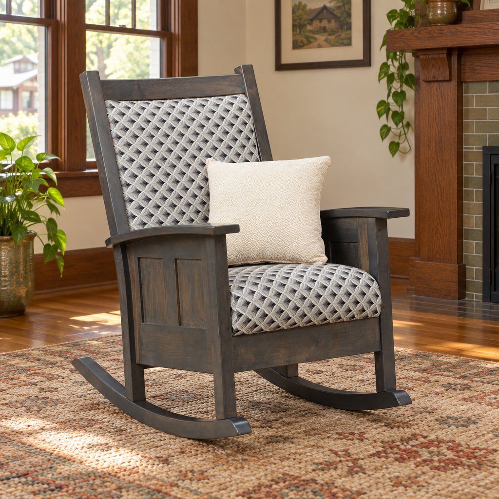 Craftsman Shaker Amish Cushion Rocking Chair shown in the living room of a craftsman bungalow home