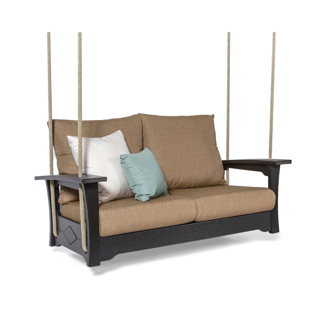 Hanging outdoor sofa with brown cushions and pillows on a white background