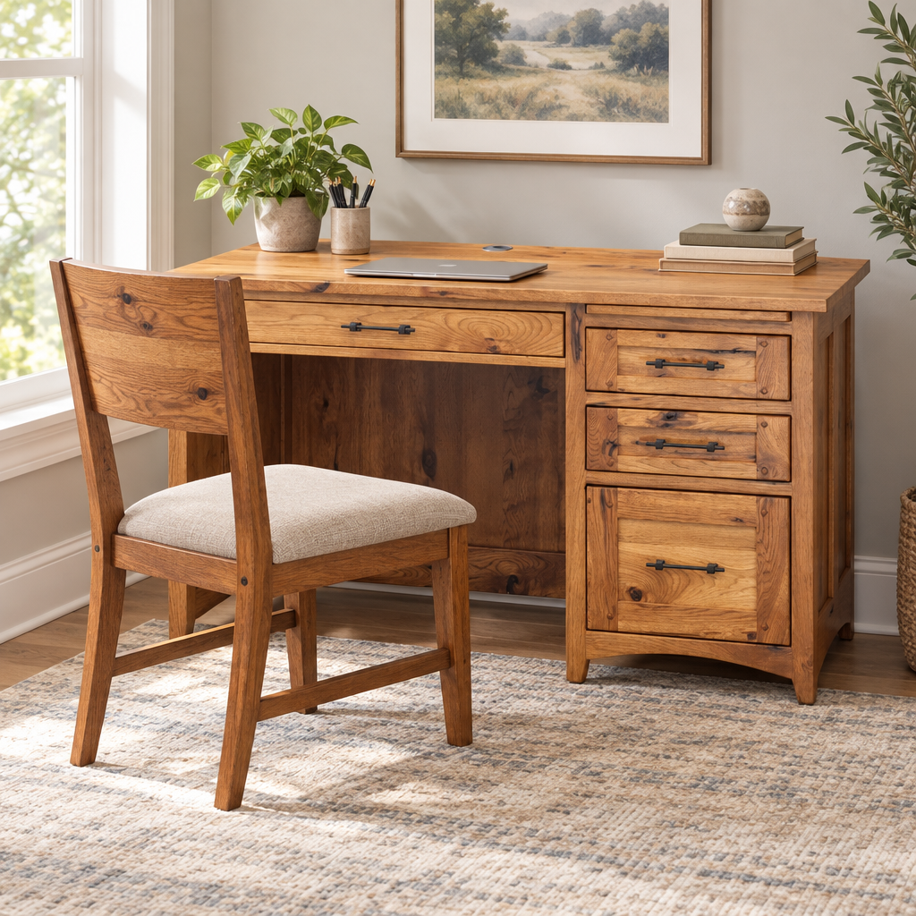 Belmont Amish Single Pedestal Desk shown in the home office of a transitional home