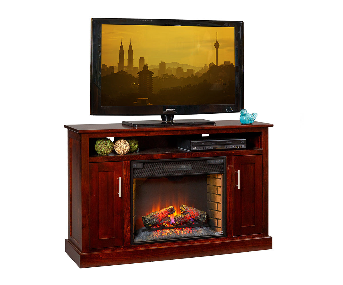Wooden TV stand with electric fireplace and television displaying a cityscape.