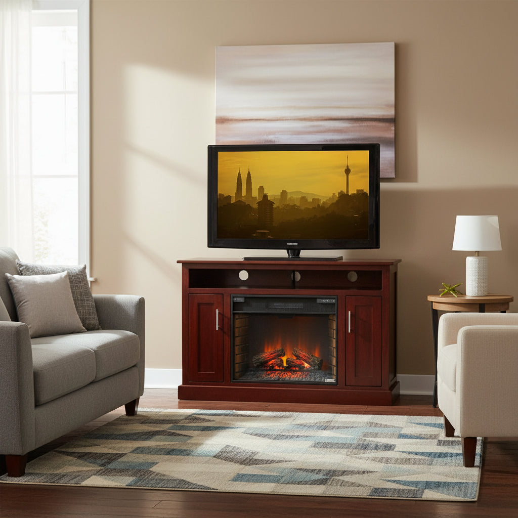 Wooden TV stand with electric fireplace and TV displaying a cityscape.