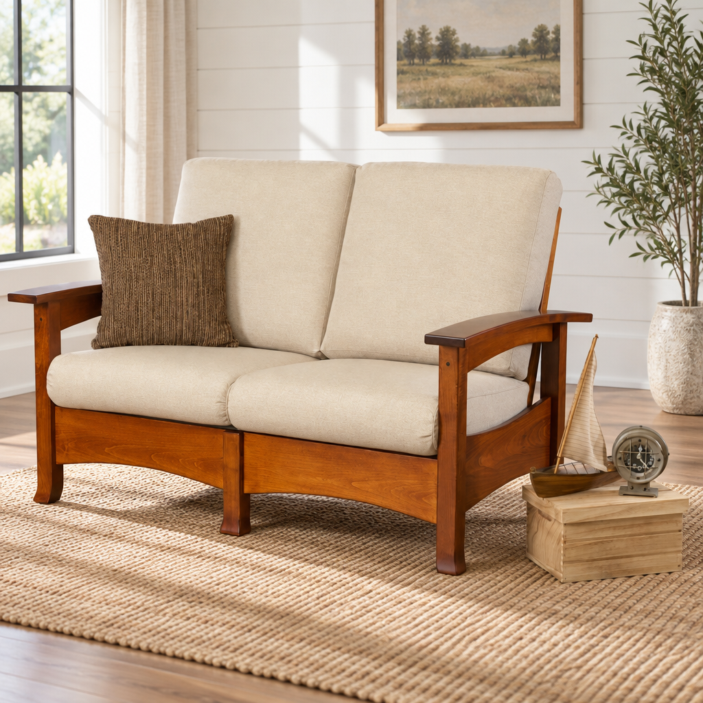 Amish Craftsman Morris Loveseat shown in the living room of a modern farmhouse home