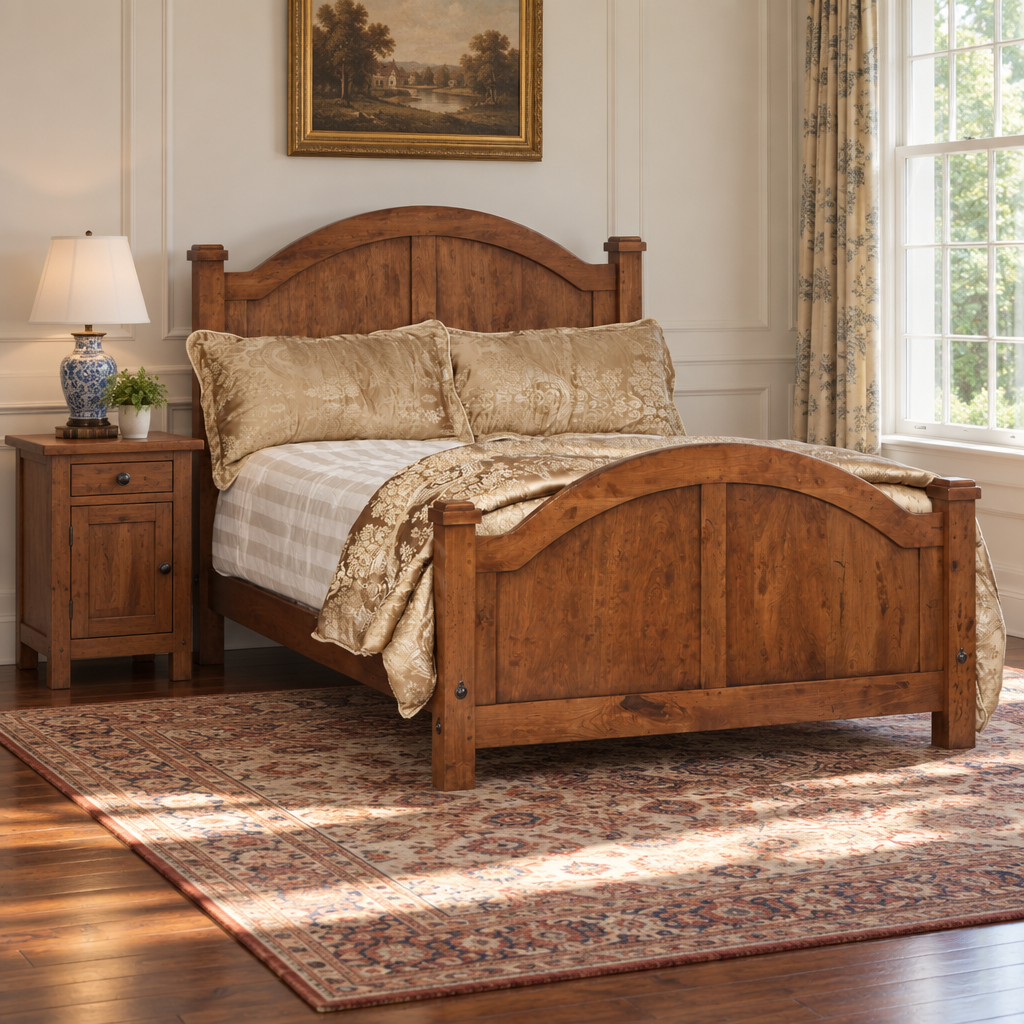 Amish Telluride Rustic Wood Arched Panel Bed shown in the bedroom of a traditional colonial home